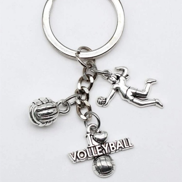 I Love Volleyball Charm Keychain Silver Plated Sports - Picture 3 of 6
